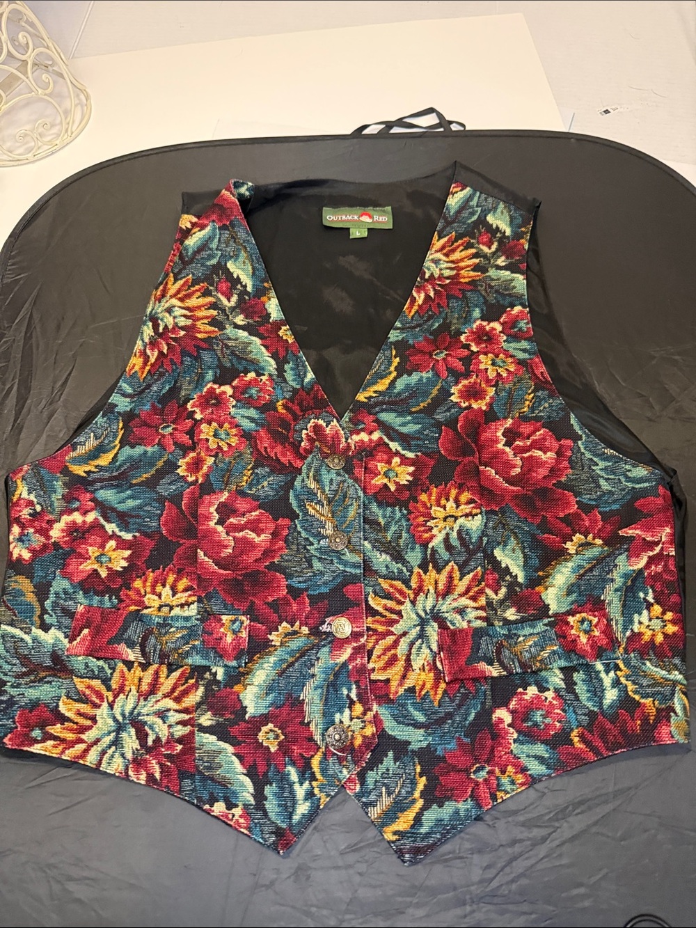 Outback Red Multicolor Floral Brocade Vest with Bold Red & Teal Flowers vintage